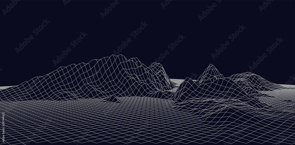 Poster abstract vector wireframe landscape. abstract mesh landscapes. polygonal mountains. vector illustrat
