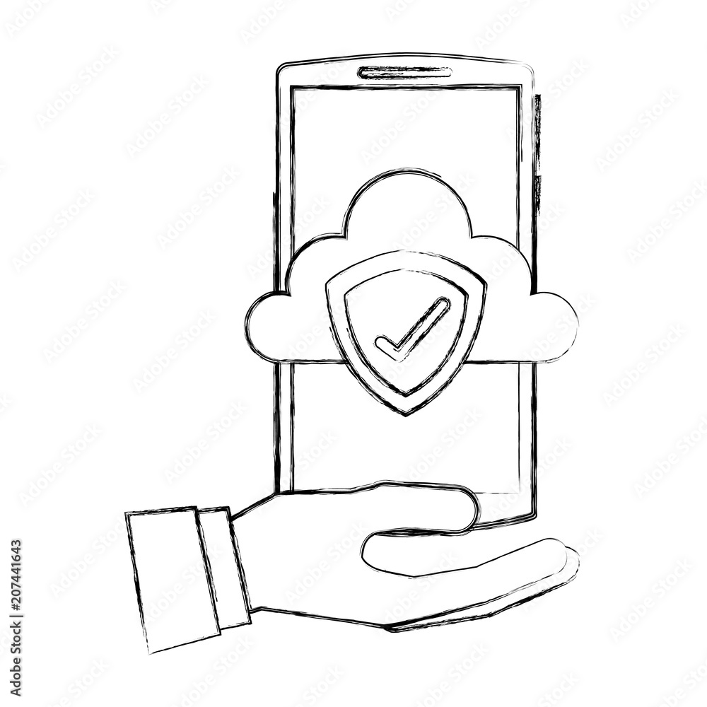 Poster hand with smartphone and cloud computing isolated icon vector illustration design