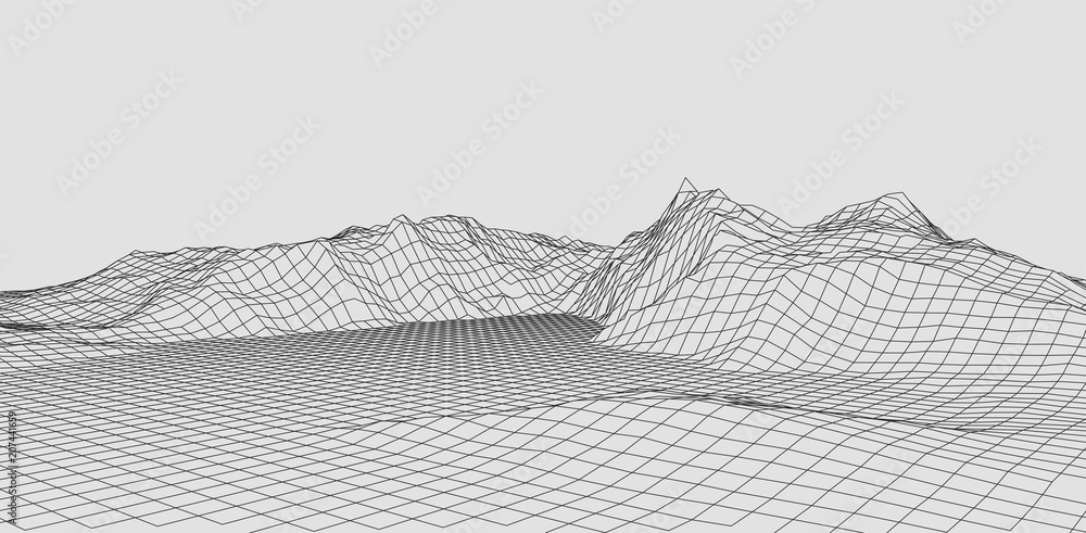 Poster Abstract vector wireframe landscape. Abstract mesh landscapes. Polygonal mountains. Vector illustration.