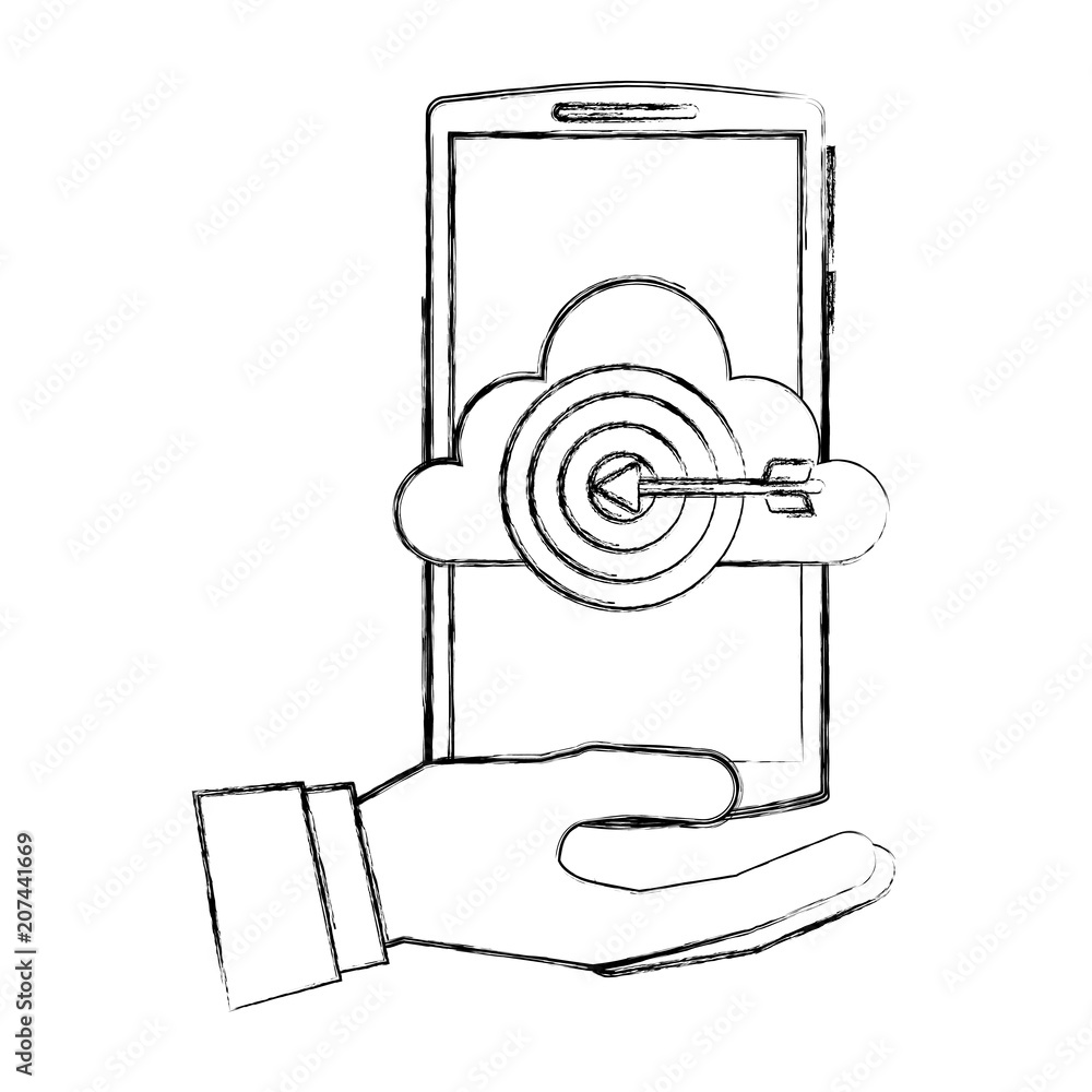 Poster hand with smartphone and cloud computing isolated icon vector illustration design