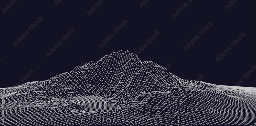 Poster abstract vector wireframe landscape. abstract mesh landscapes. polygonal mountains. vector illustrat