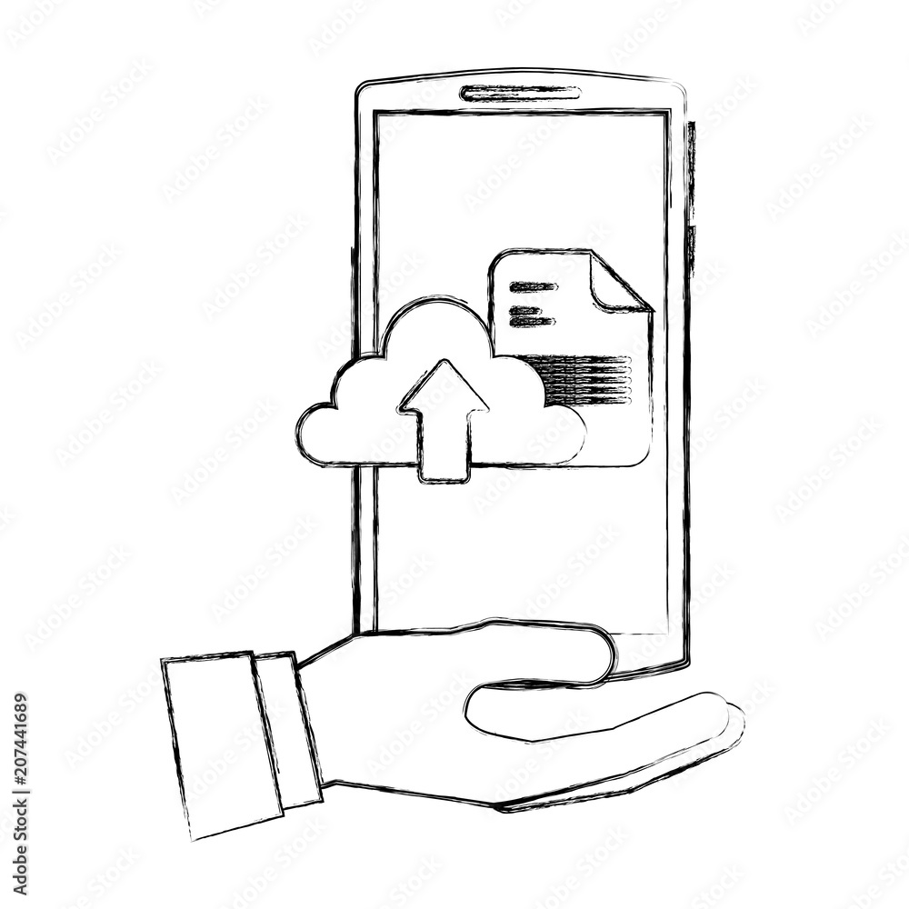 Poster hand with smartphone and cloud computing isolated icon vector illustration design