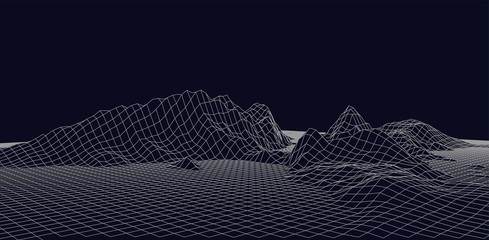 Abstract vector wireframe landscape. Abstract mesh landscapes. Polygonal mountains. Vector illustration.