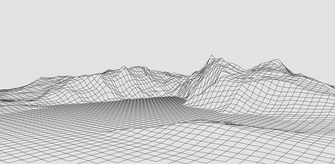 Abstract vector wireframe landscape. Abstract mesh landscapes. Polygonal mountains. Vector illustration.