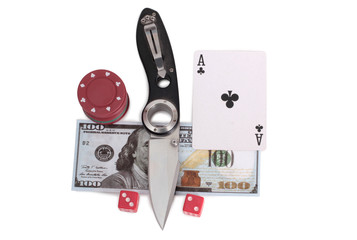 Playing cards and paper dollars on a white background