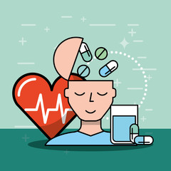 patient full of pills and heart rate mental health care vector illustration
