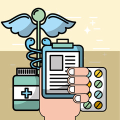 hand holding clipboard pills and medication mental health care vector illustration