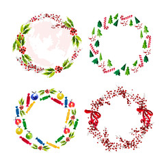 Obraz na płótnie Canvas Vector set of artistic watercolor hand drawn Merry Christmas decoration wreath isolated on white background. Congratulation design element, card, invitation, banner, package.