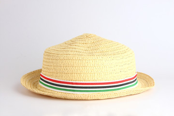 Fashionable cream hat on white background.