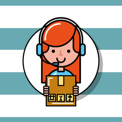 operator girl holds cardboard box logistics and delivery service  vector illustration  