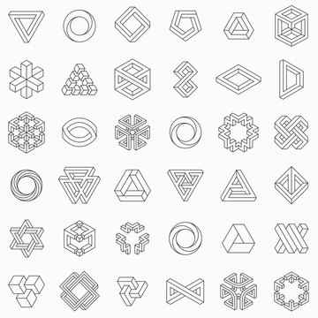 Set of geometric elements, impossible shapes, isolated on white, line design, vector illustration