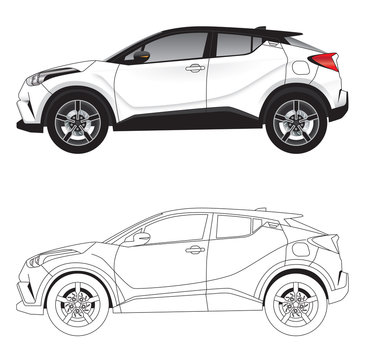 Side With Vector Illustration Diagram Of Agressive Styled Sports SUV Car In Colour And Outline