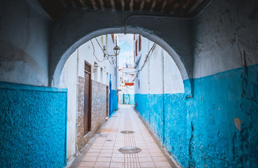 Morocco, Rabat, blue streets of old town Medina