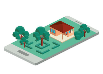 smartphone with camp and building isometric vector illustration design