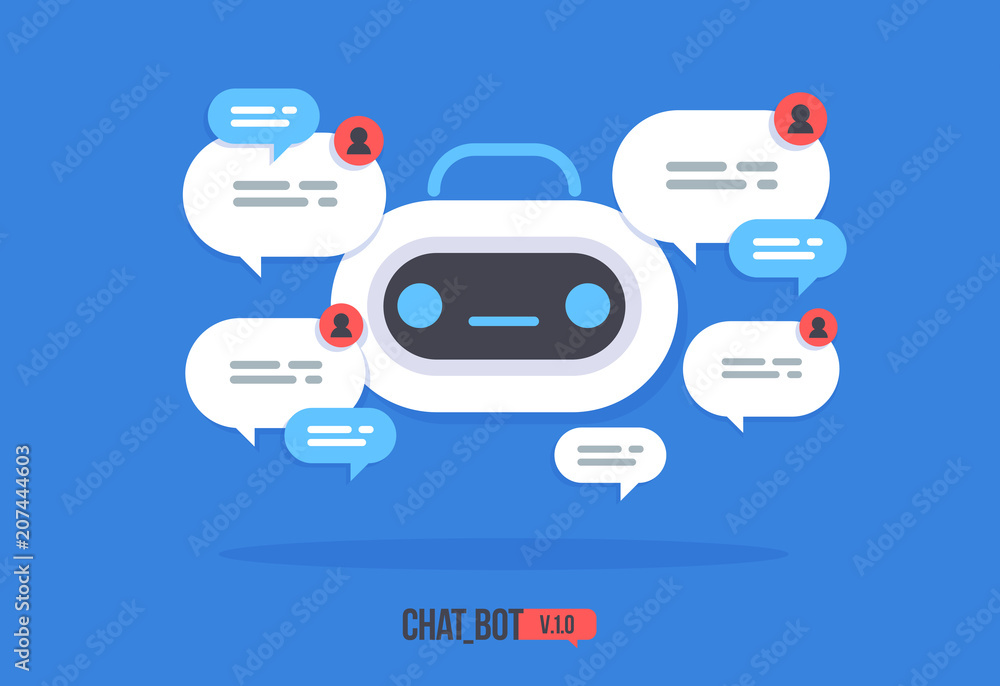 Poster cute robot icon with speech bubble support service chat bot vector modern flat cartoon character sma