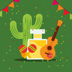 Naklejka premium viva mexico celebration cactus bottle lemon guitar and rattles balloons vector illustration