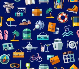 Travel, vacation, Hiking, leisure, seamless pattern, colorful, blue. Different types of holidays and ways of travelling. Vector, color background. Colored flat drawings on the blue field.    