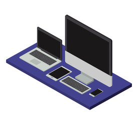 Fototapeta premium work place scene isometric icons vector illustration design