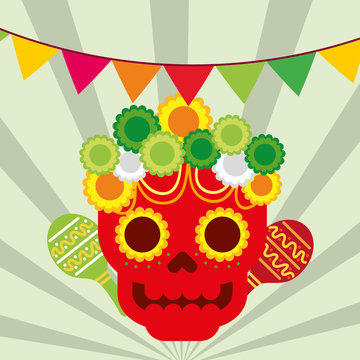viva mexico red skull with flowers and maracas pennant decoration vector illustration
