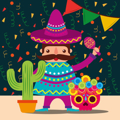 mexican man with hat and poncho cactus skull decoration confetti vector illustration