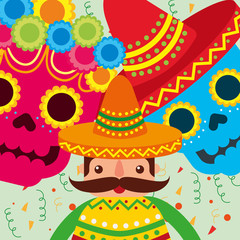 mexican man with hat and poncho skulls flowers decoration vector illustration