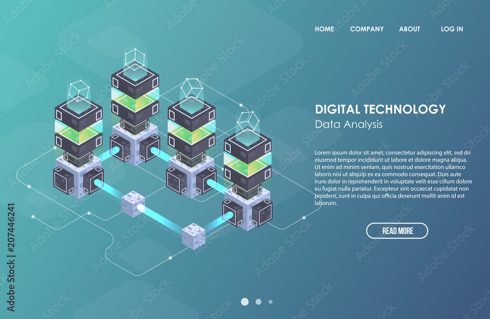 Poster concept of big data processing, isometric data center, vector information processing and storage. cr