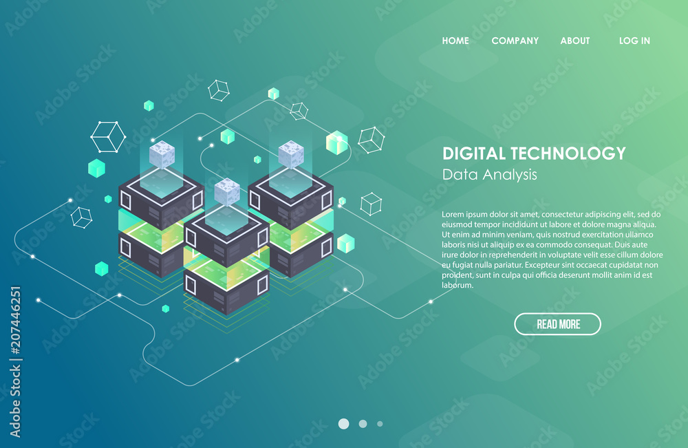 Poster concept of big data processing, isometric data center, vector information processing and storage. cr
