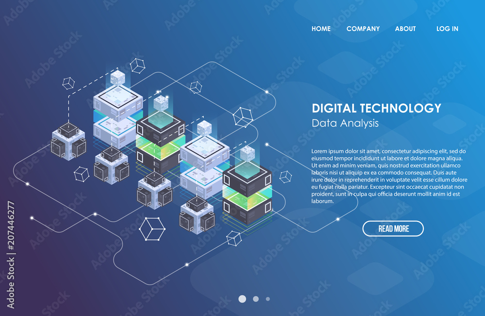 Poster concept of big data processing, isometric data center, vector information processing and storage. cr