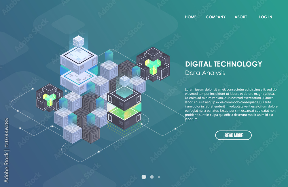Poster concept of big data processing, isometric data center, vector information processing and storage. cr
