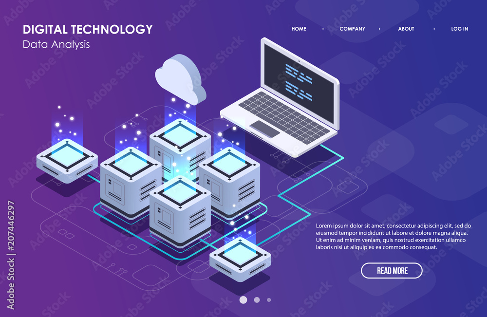 Poster concept of big data processing, isometric data center, vector information processing and storage. cr