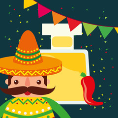 mexican man with hat and poncho tequila bottle chili pepper pennant celebration vector illustration