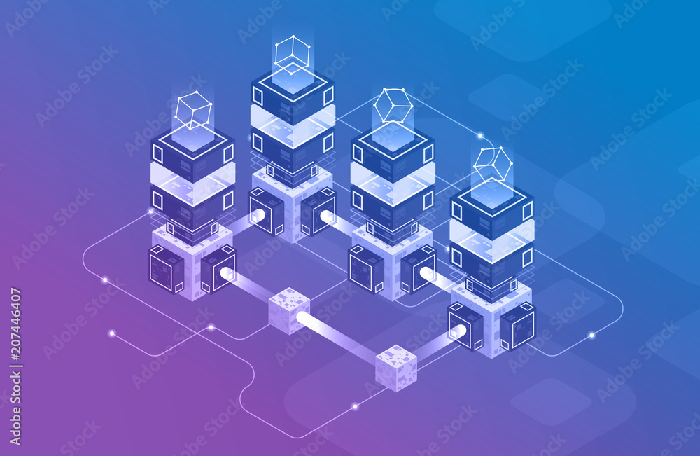 Poster concept of big data processing, isometric data center, vector information processing and storage. cr