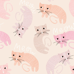Seamless childish pattern with cute cats. Creative kids pink texture for fabric, wrapping, textile, wallpaper, apparel. Vector illustration