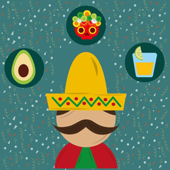 Fototapeta premium portrait mexican man with hat and poncho vector illustration