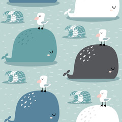 Naadloze patroon met walvis en meeuw. Kinderachtige textuur voor stof, textiel, kleding. Vector achtergrond
