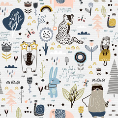 Seamless childish pattern with fairy flowers, bear,bunny, leopard, hedgehog.. Creative kids city texture for fabric, wrapping, textile, wallpaper, apparel. Vector illustration