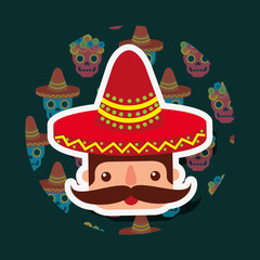 mexican man portrait with mustache and red huge hat vector illustration