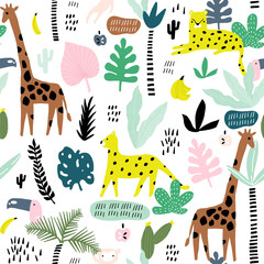 Seamless pattern with giraffe, leopard,tucan, monkey and tropical elements. Creative jungle childish texture. Great for fabric, textile Vector Illustration