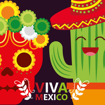 viva mexico cartoon cactus and skull decoration vector illustration