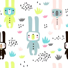 Photo sur Plexiglas Lapin Motif enfantin sans couture avec des lapins mignons en barboteuses. Texture créative d& 39 enfants pour le tissu, l& 39 emballage, le textile, le papier peint, l& 39 habillement. Illustration vectorielle