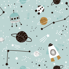 Kinderachtig naadloos patroon met handgetekende ruimte-elementen ruimte, raket, ster, planeet, ruimtesonde. Trendy kinderen vector achtergrond.