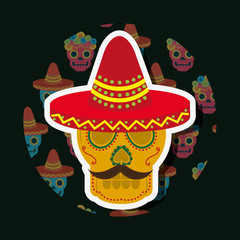 yellow skull with mustache and hat viva mexico vector illustration