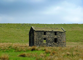 Obraz premium an old abandoned stone farmhouse in green pasture on high pennine moorland with bright blue sky