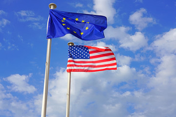 View of a flag of the European Union (EU) and of the United States (US) flying side by side 