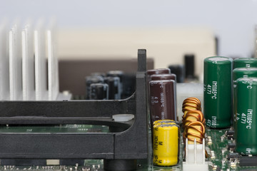 Electronic components are mounted on the device board Chips diodes capacitors chokes
