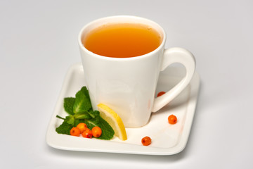Cup of tea with sea buckthorn./Porcelain cup with sea buckthorn tea on white background.