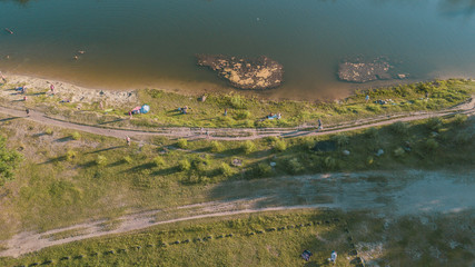 Aerial view of the people at a picnic in a summer park