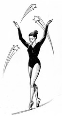 Fototapeta na wymiar Gymnast on the string. Ink black and white illustration