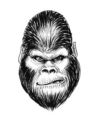 Mad gorilla face. Ink black and white illustration