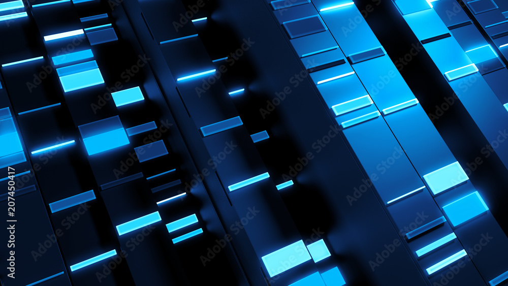 Poster 3d render abstract background. vertical reflective blocks with small rectangular bright elements on 
